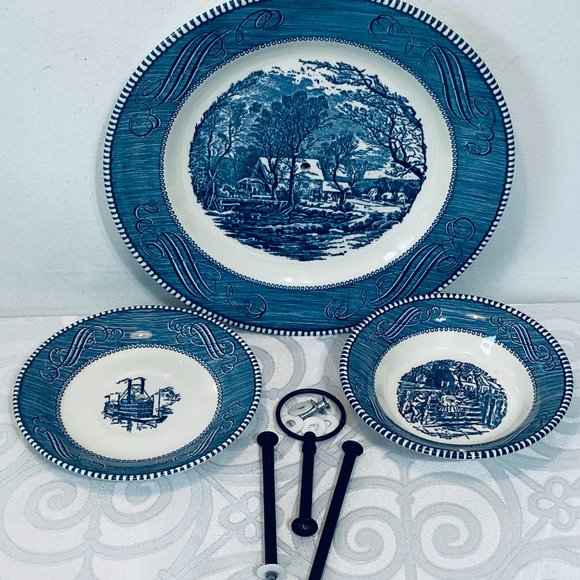 VNTG Currier & Ives 3-Tier Tidbit Tray,10" + 6" Plates/5.75" Bowl NEW Black Hdwe - Picture 4 of 9